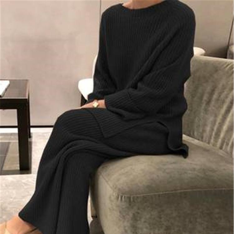 Осень-зима, женские комплекты из 2 предметов, вязаный спортивный костюм, свитер с круглым вырезом и широкие спортивные штаны, пуловеры, костюмы