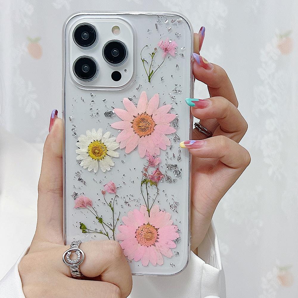 Чехлы для телефона с сушеными цветами и серебряной фольгой для iPhone 17 16 15 14 13 12 11 Pro Max XS Max XR X 7 8 Plus Мягкий силиконовый чехол