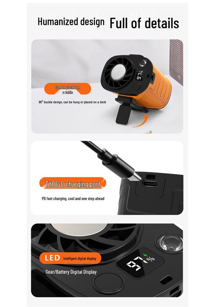 Portable High-Speed Waist Fan with Clip & Digital Display, Long Battery Life, Lighting, & Neck Hanging Option