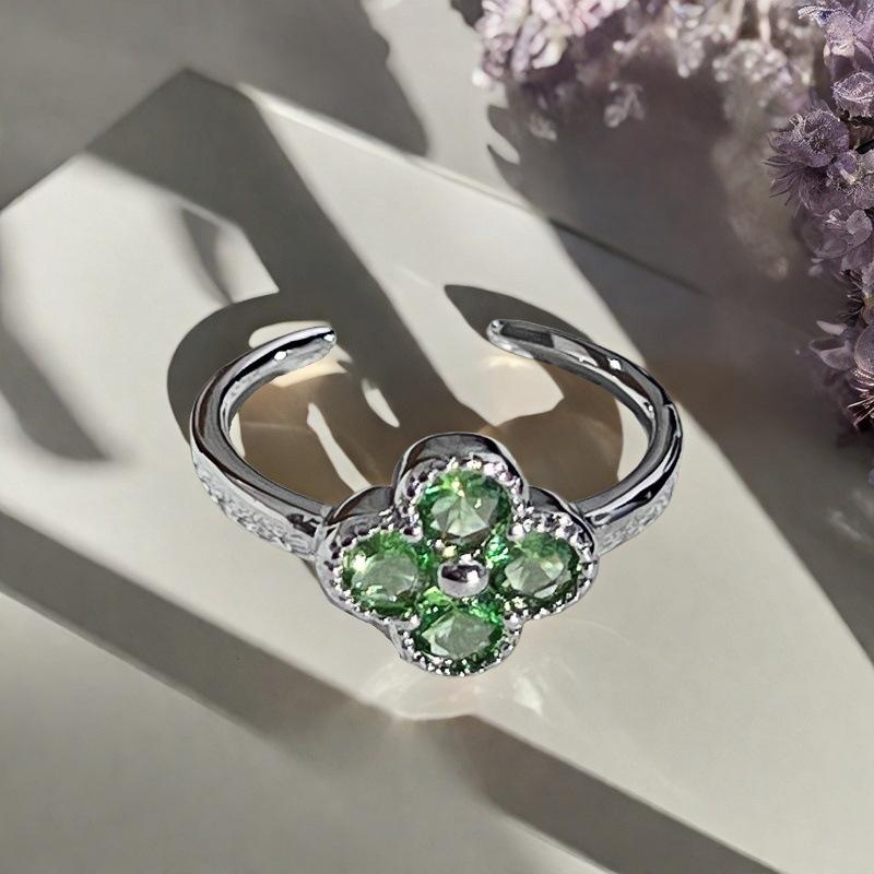 Spring And Summer Color Treasure Olive Green Zir*****Pen Ring Branches Flowers Full Of Diamonds High-End Light Luxury Personality Ring