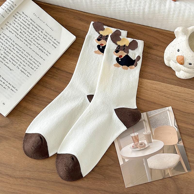 Мультяшные носки, Женские осенне-зимние носки до середины икры с фестончатым краем, Милые носки с таксой Дуи, Коричневые длинные носки