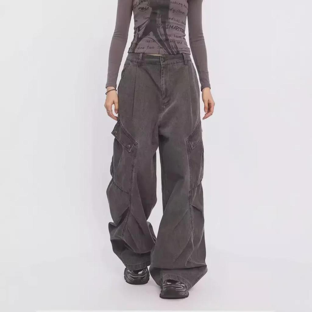 Джинсы унисекс с широкими штанинами в стиле ретро-хип-хоп с плиссированными карманами для уличных танцев