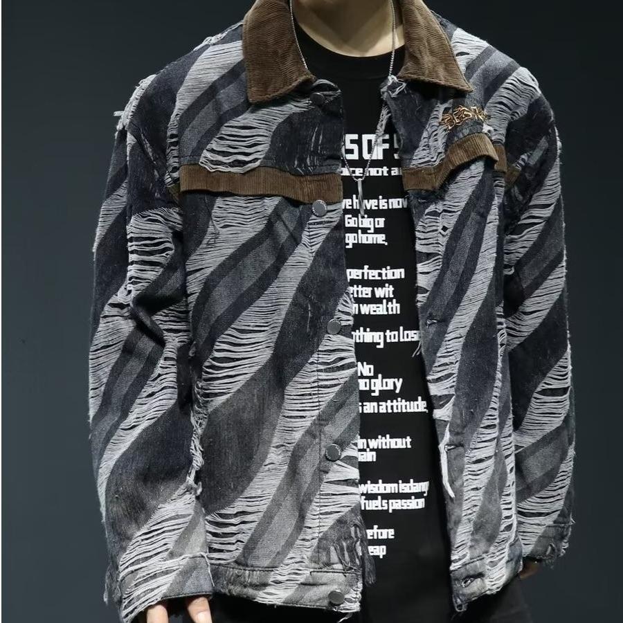 Zebra Pattern Jacket Men'S And Women'S Trendy Brand Ripped Retro Splicing Corduroy Lapel 24 Tooling Jacket