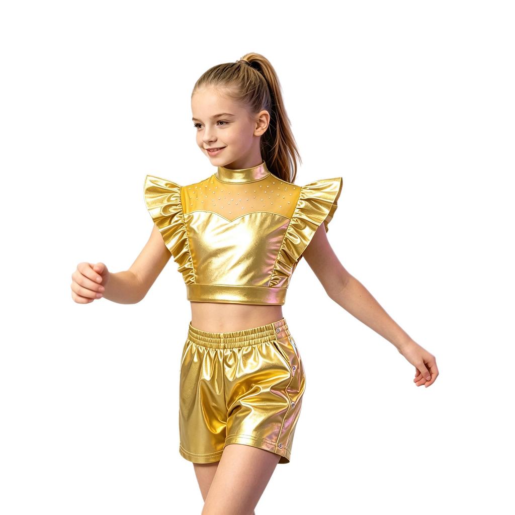 Girls Jazz Dance Outfit Mesh Patchwork Rhinestone Sleeveless Ruffle Metallic Crop Top Tear Away Shorts
