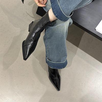 Осень/Зима 2025 Европейский и Американский Стиль Остроносые Массивный Средний Каблук Ботильоны - Стрейч, Низкий Каблук Обтягивающие Женские Ботильоны Знаменитостей