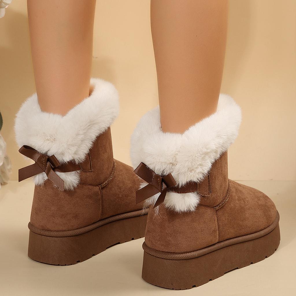 Fashion Snow Boots Women 2025 Winter Plush and Thick Fur Boots Suede Bow Thick Bottom Sleeve Short Boots