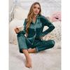 Women's 2-Piece Solid Silky Pajama Set Long-Sleeve Buttons Lapel Top And Elastic Long Pants With Contrast Trim And Pockets Pjs