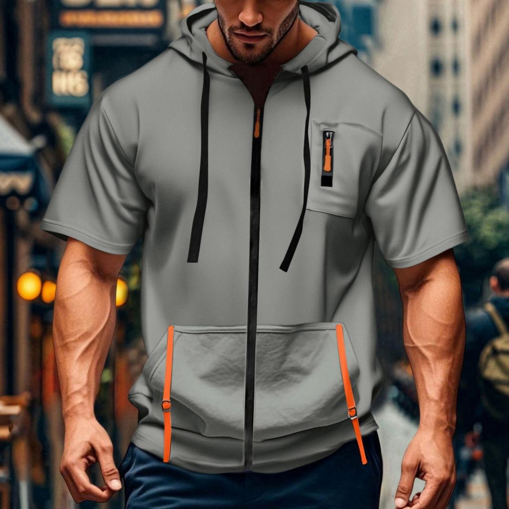 Men's Casual Short-sleeved Sweatshirt. Loose And Breathable Solid-color Sweatshirt Jacket With Multiple Pockets And A Zipper.