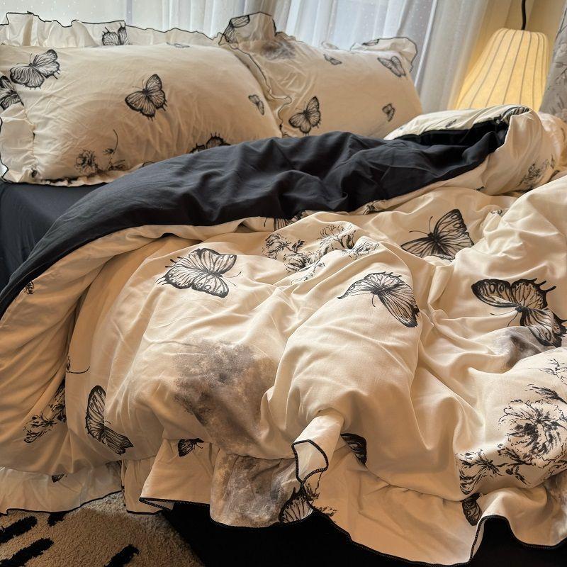 Korean Princess Duvet Cover Set Skin Friendly Wash Cotton Bedding Set Of Four Pieces Lace Bedin Set Bed Sheets Comforter Cover