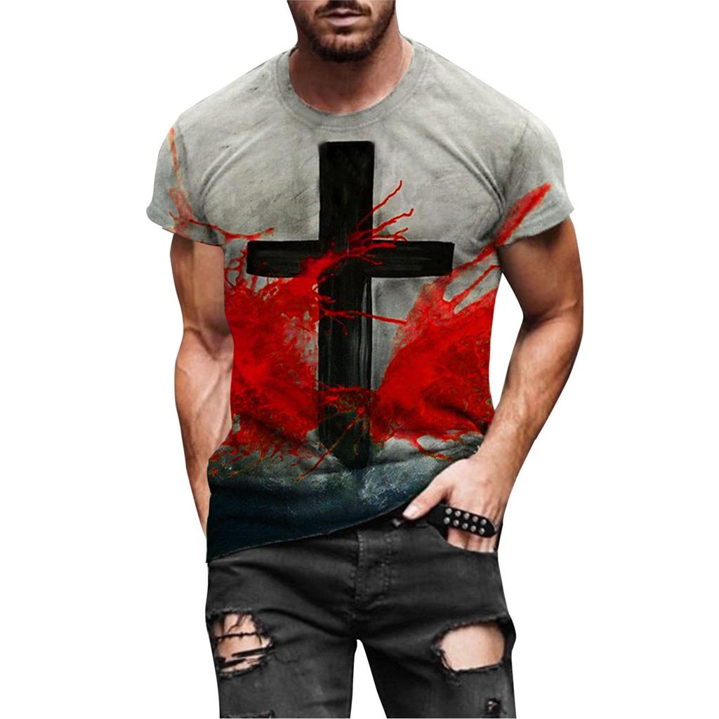 Men's Street Fashion Casual Cross Print Round Neck Short Sleeve