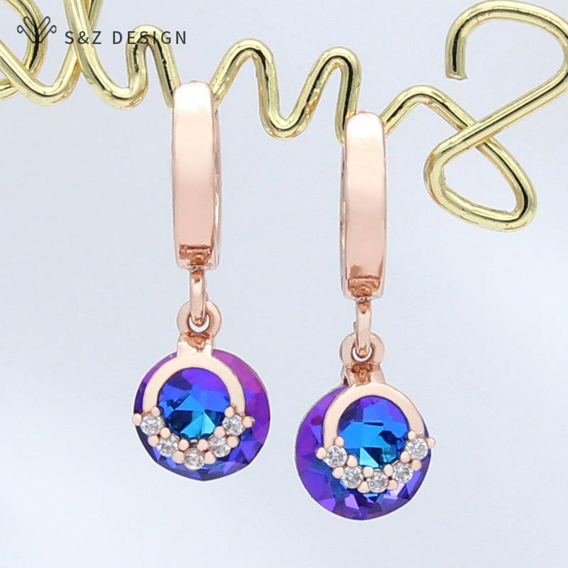 Fashion Elegant Rose Gold Color Colorful Round Drop Earrings For Women Wedding Luxury Fine Jewelry Gift Cubic Zirconia Eardrop