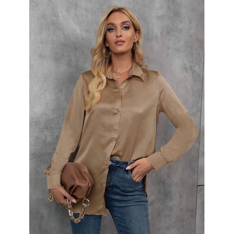 Рубашка с длинным рукавом цвета темперамента Ding, однотонная свободная рубашка из искусственного шелка с длинным рукавом, цветные блузки и рубашки