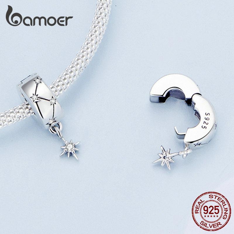 BAMOER 925 Silver Clasp CZ pave Clip Charms Daisy Beads Stopper Safety Chain fit Charm Bracelet Jewelry Clip