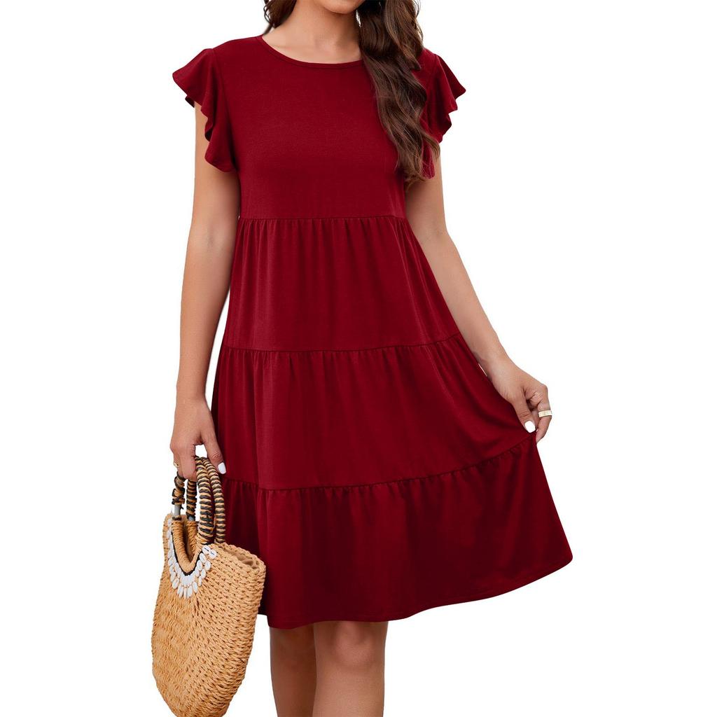 Summer Beach Dress For Women Casual Round Neck Tunic Ruffle Short Sleeve A-Line Tiered Babydoll Dress Flowy  Dress