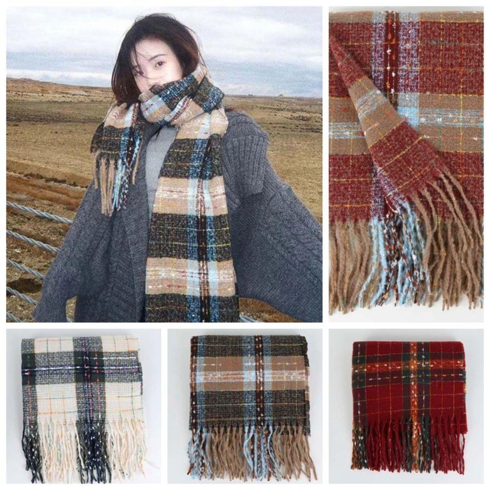 Classic Plaid Knitted Scarf Soft Women Thickened Scarf Soft Long Tassel Neckscarf  Couple