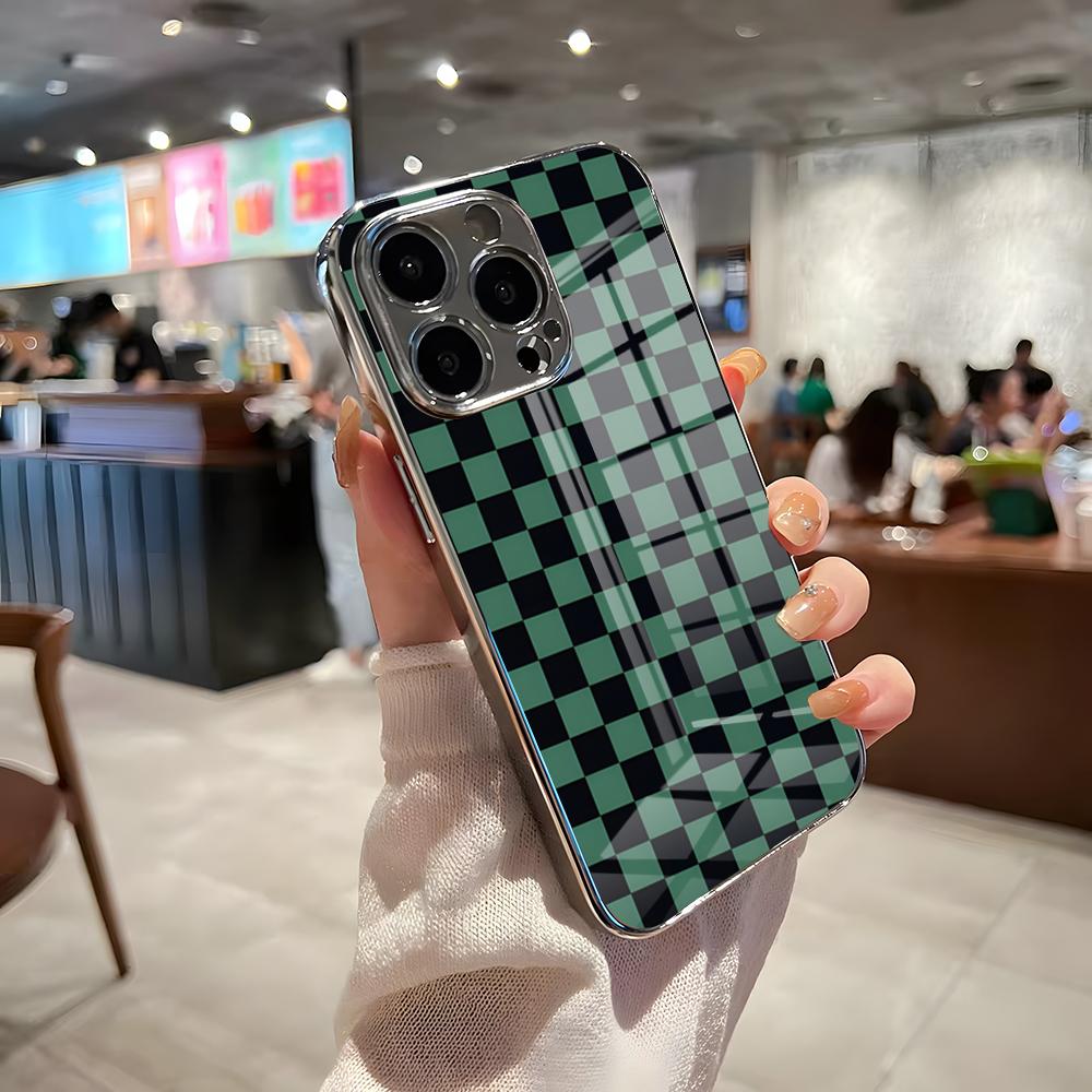 Чехол-шахматка C для iPhone 17 Pro Max 15 Pro 16 14 Plus 12 13 Mini 11 Pro, противоударный, гальванизированный, стеклянная крышка