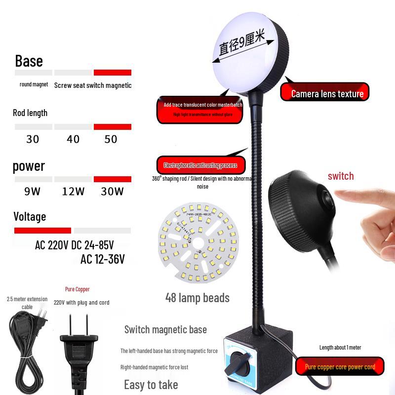 220V LED Work Light with Magnetic Base for Lathe, Punch Press, Injection Molding, and 24V Equipment