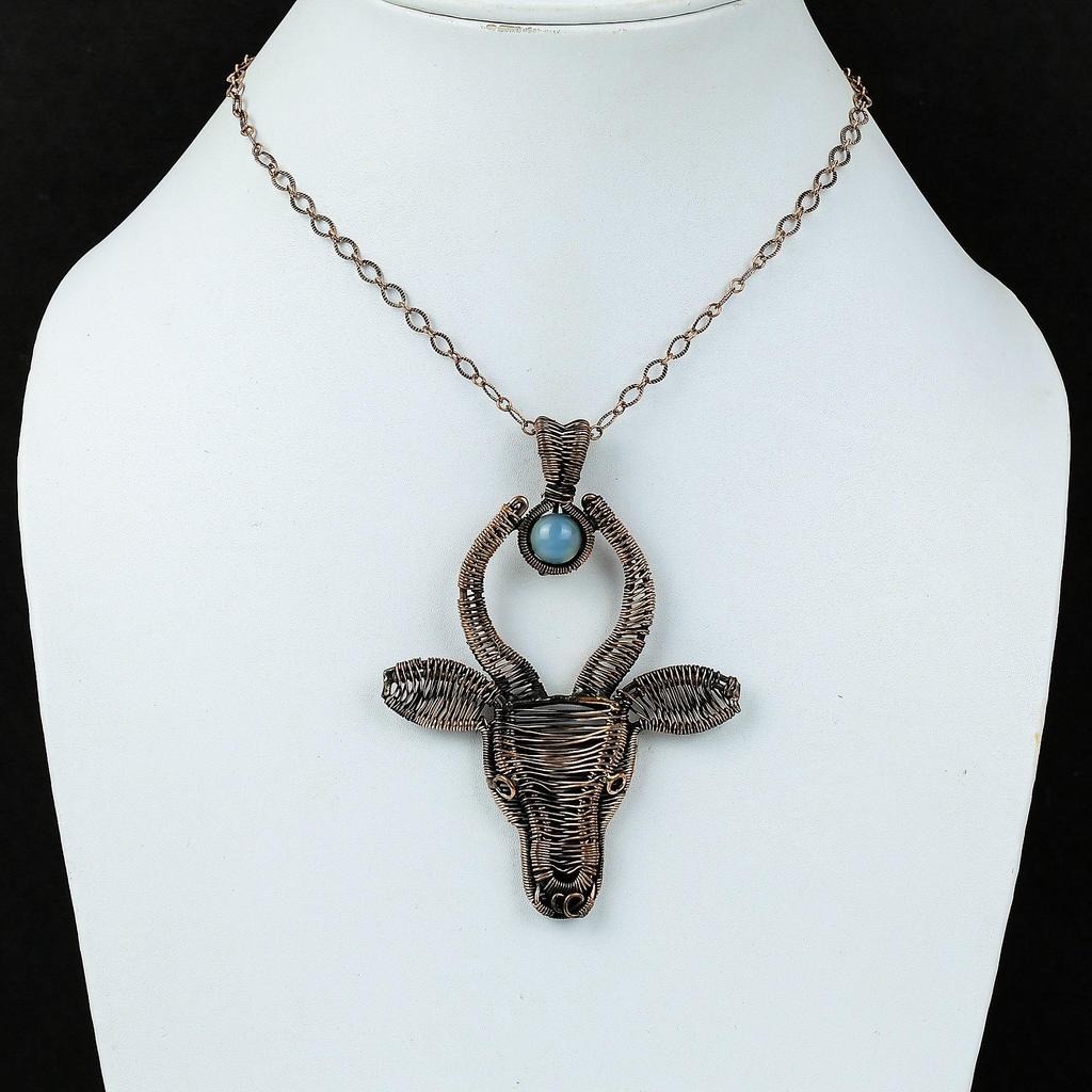 Подвеска с аквамарином, подвеска из медной проволоки, ручная работа, медные украшения, подарок для него, подвеска из натурального драгоценного камня, ювелирное украшение в виде головы быка, подвеска в стиле бохо