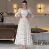 2024 Summer Women's French Retro Floral Square Neck Lantern Sleeve Slimming Long Dress