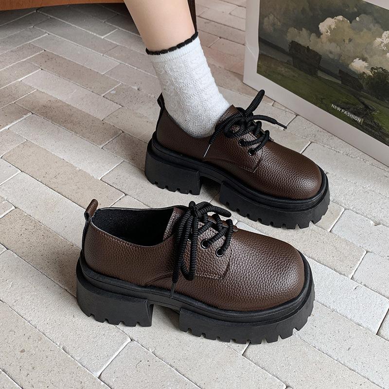 British Style Loafers Women's Spring New Baitie Fashion with Skirt Thick Sole Heightening Korean Version Lace-up Small Leather Shoes