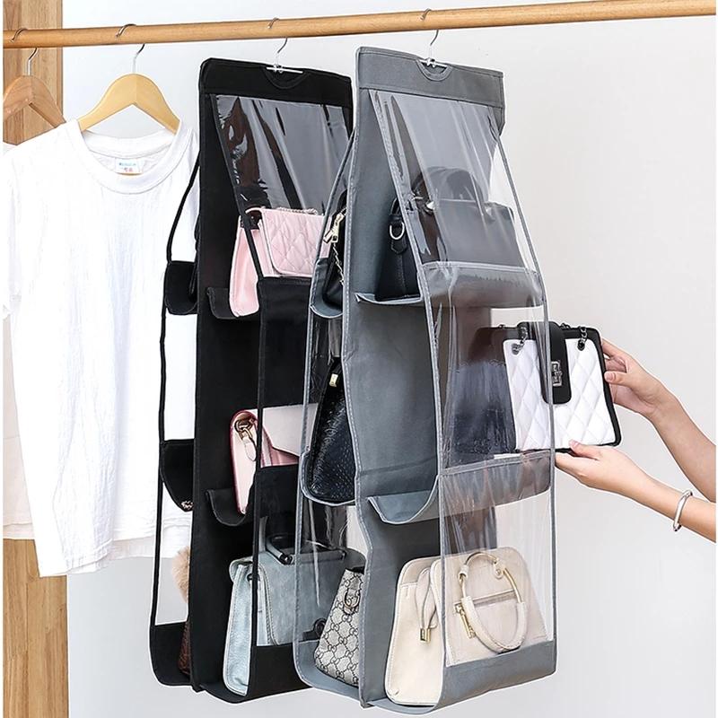 6 Pocket Hanging Handbag Transparent Storage Bag Clear Home Organizer for Wardrobe Closet Sundry Shoe Bag with Hanger Pouch