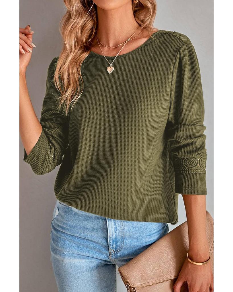Azura Exchange Green Lace Patchwork V Neck Waffle Knit Top