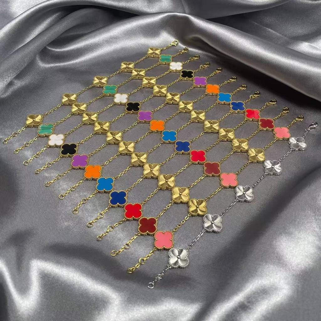 15MM Through-body Titanium Steel 18K Double-sided Lucky Four-leaf Clover Five Flowers Bracelet