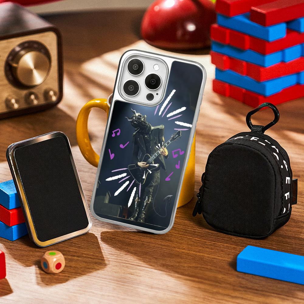 Cool guitarist Swiss poster pattern Phone Case for iPhone 16 15 14 13 12 11 Pro Max Sheepskin Silver-edged protective case