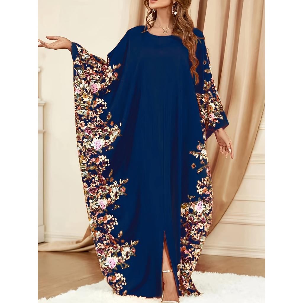 Ramadan Floral Print Crew Neck Kaftan, Elegant Batwing Sleeve Split Maxi Dress, Women's Clothing