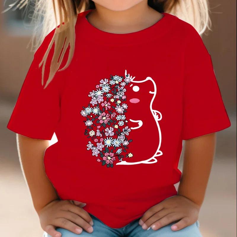 Футболка для девочек Милая футболка с изображением ежа Детские топы с рисунком из аниме Модная одежда с изображением ежа и цветка Футболка с коротким рукавом для мальчиков и девочек