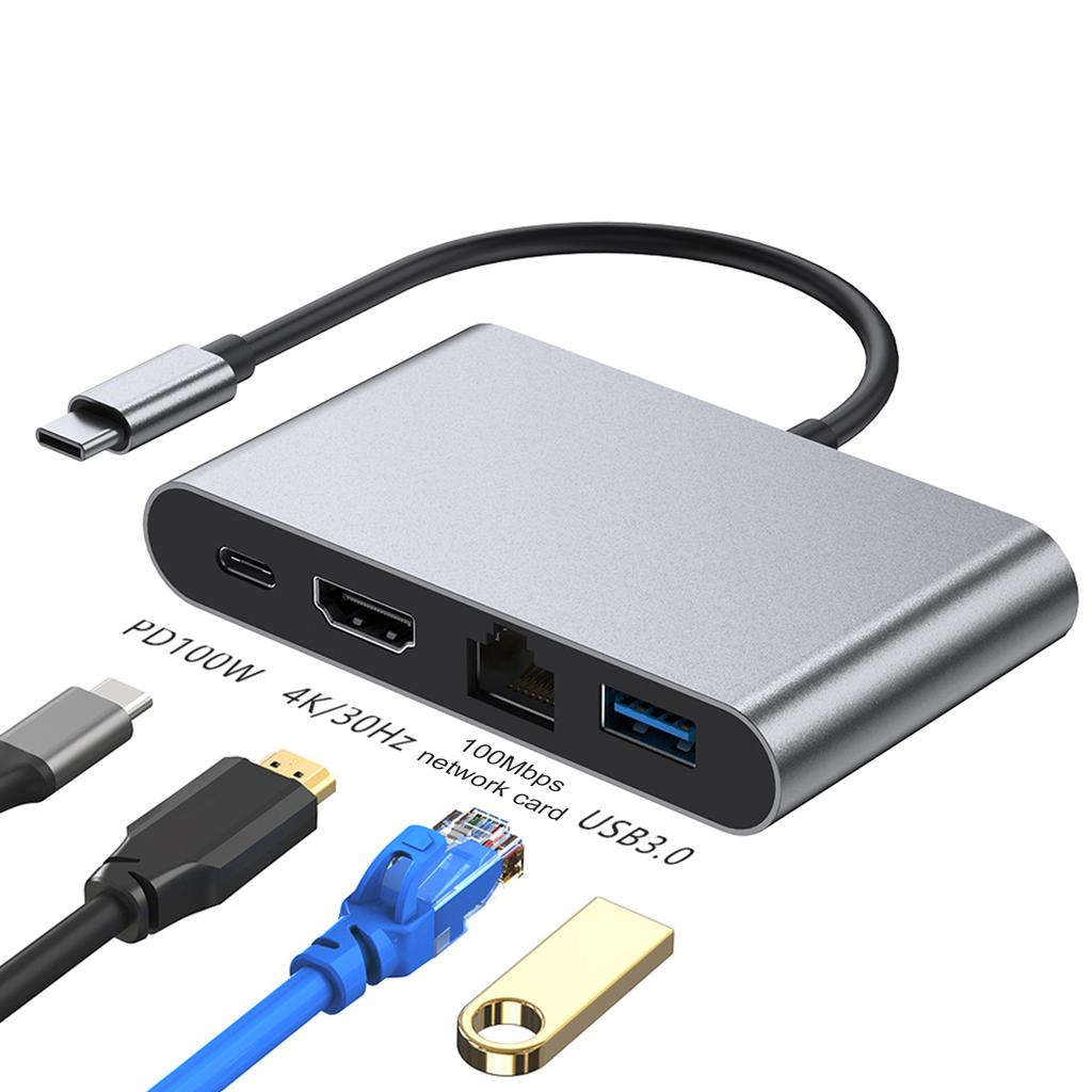 Док-станция 4 в 1 TYPE-C к RJ45 100M HDMI USB3.0 PD Интерфейс Адаптер-хаб