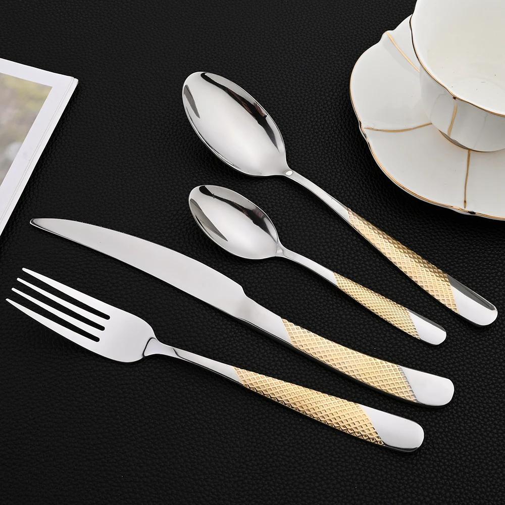24Pcs Flatware Sets Stainless Steel Dinnerware Western Cutlery Knife Fork Tea Spoon Tableware Dinner Set Mirror Dishwasher Safe