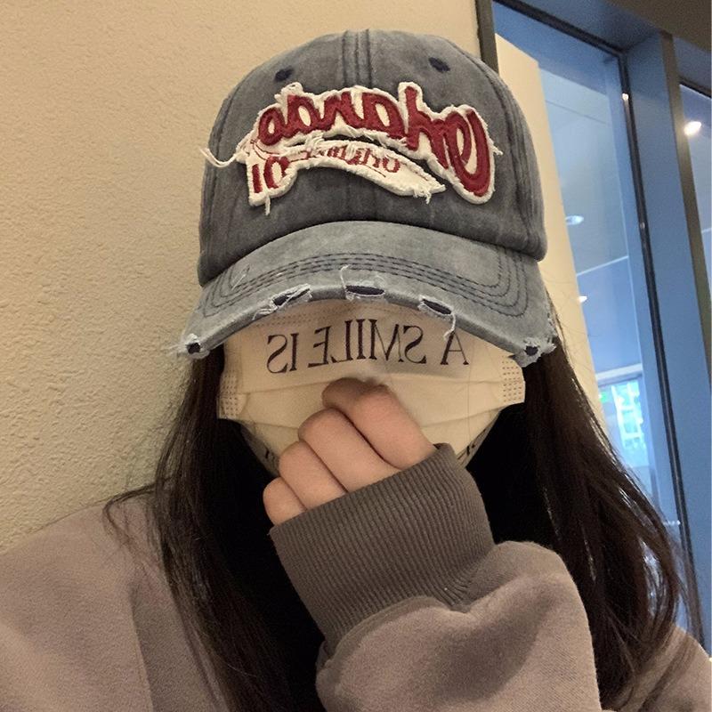 Retro baseball cap women's big head circumference washed ripped denim wide brim cap showing face small hat