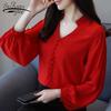 SURWENYUE Fashion Women Stops and Blouses Chiffon V-neck Office Work Wear Long Sleeve Women Shirts