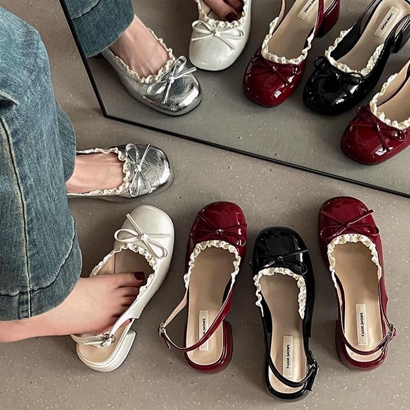 Летние Женские Сандалии Кружево Толстый Каблук Модные Бант-бабочка Женские Закрытый Носок Платье Тонкие Ремешки Бант Мэри Джейн Балетные Сандалии
