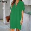 Women's Fashion Summer Spring Solid Color Print Short Sleeve V-Neck Loose Waistline Casual Dresses