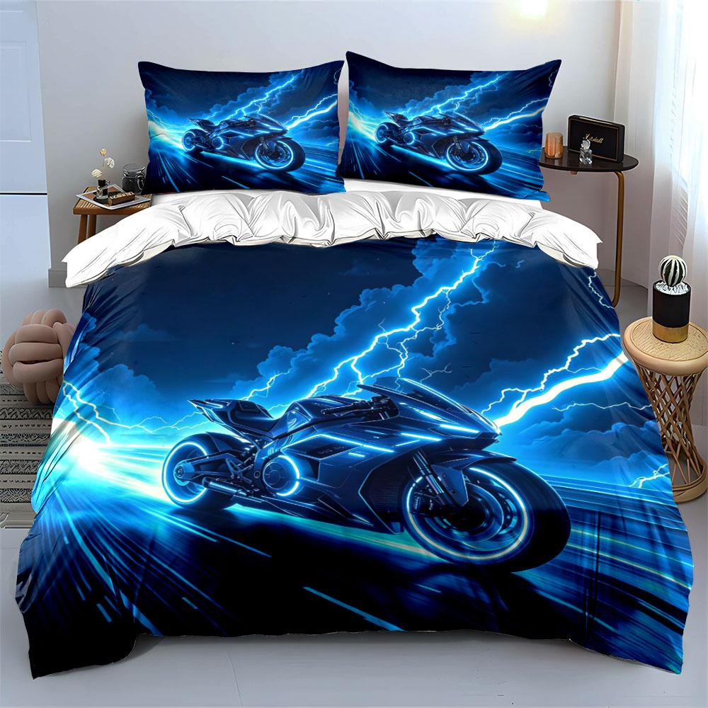 Futuristic Motorcycle Art Decor Set Soft Skin-Friendly Bedding Set Includes 1 Duvet Cover + 2 Pillowcase,Motorcycle lover Gift