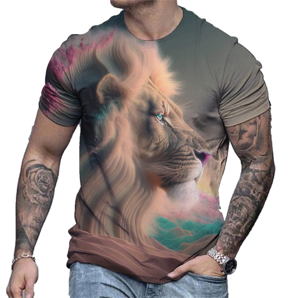 Men's Summer Lion Pattern Tee Casual Loose Sports Top 3D Printed Short Sleeve Retro Men T Shirt
