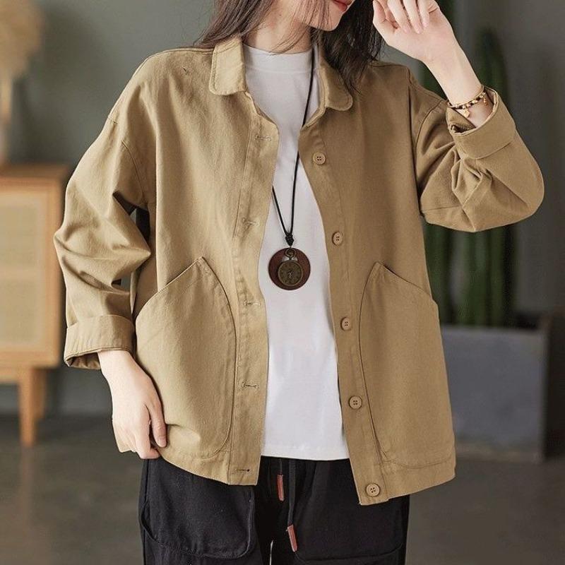 Сезон Искусство Ретро Простой Твил Твердый Карман Однобортный Свободный Повседневный Женская Рубашка Пальто Весна Осень
