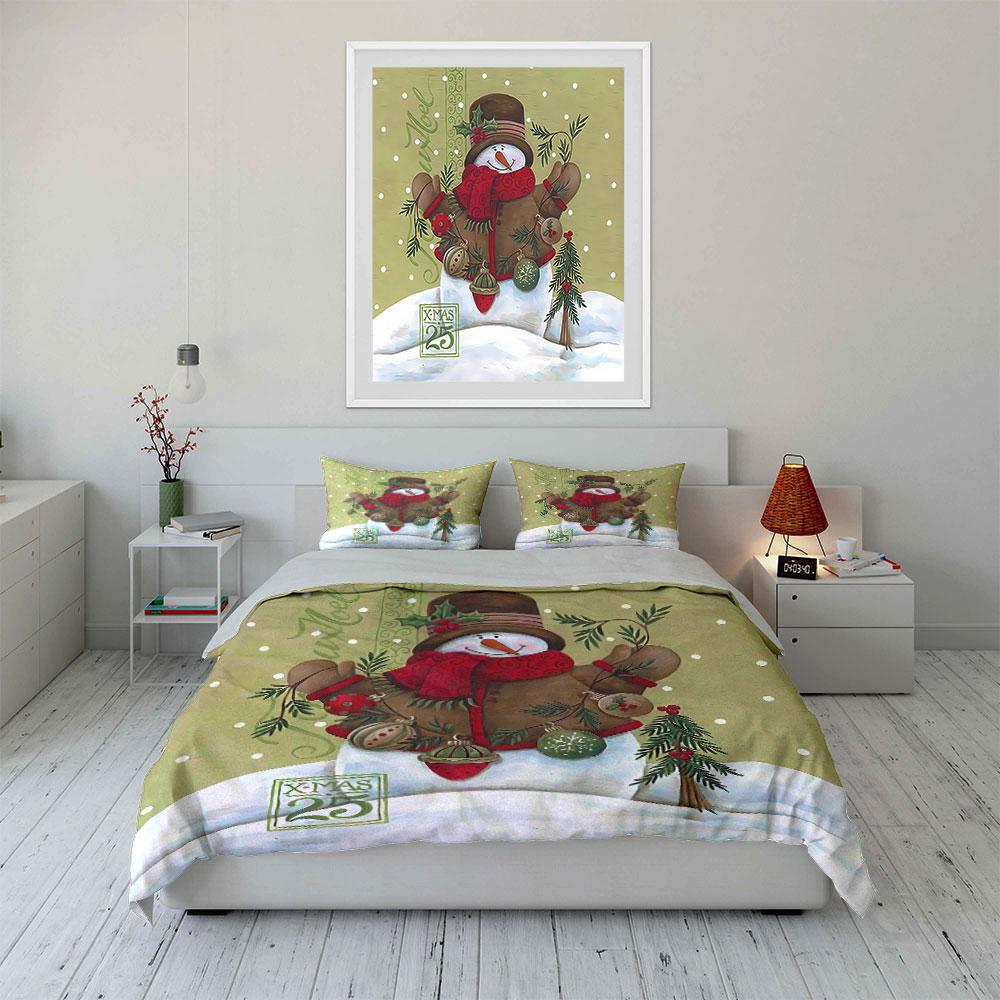 Festive Snowman with Ornaments Bedding Duvet Cover Set Duvet Cover Pillowcases  (1*Duvet Cover 2*Pillowcases, without duvet insert)