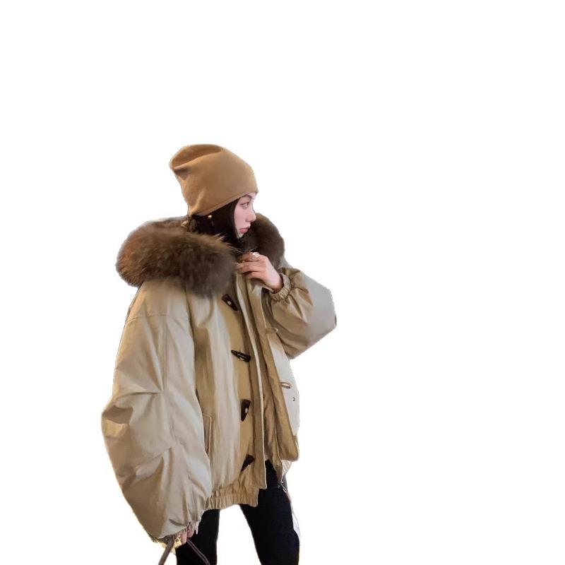 Пуховик с меховым воротником для женщин, зимняя новинка, утолщенный теплый пуховик из хлопка, куртка с капюшоном на роговых пуговицах