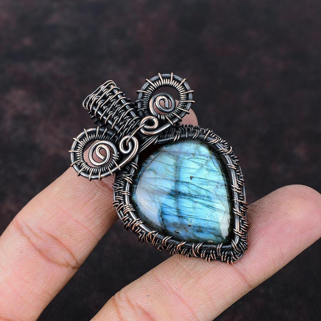 Подвеска из лабрадорита с драгоценным камнем, медная проволока, кулон, медные украшения, кулон ручной работы, подарок на годовщину, кулон из лабрадорита, ювелирные изделия из проволоки