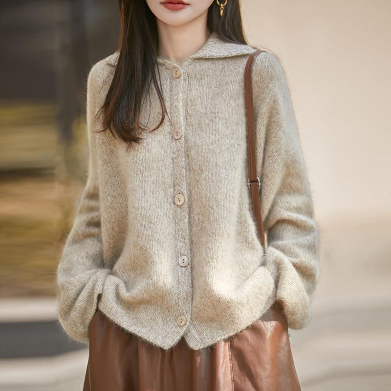 Women's Heather Yarn Polo Collar Cashmere Wool Blend Cardigan - Thick, Long Pile, Plush, Warm, Perfect for Autumn and Winter