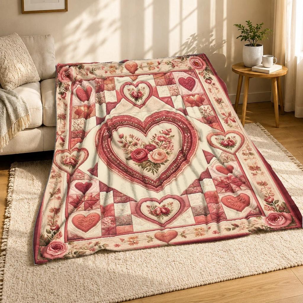 Floral Heart Patchwork Coral Fleece Blanket