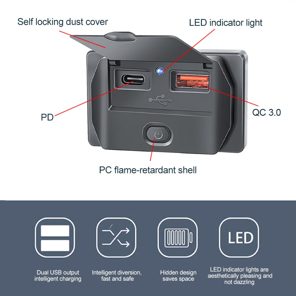Быстрая зарядка QC3.0 PD, два порта USB, автомобильное зарядное устройство, водонепроницаемый адаптер с пылезащитным чехлом, переключатель для морского мотоцикла 12 В/24 В