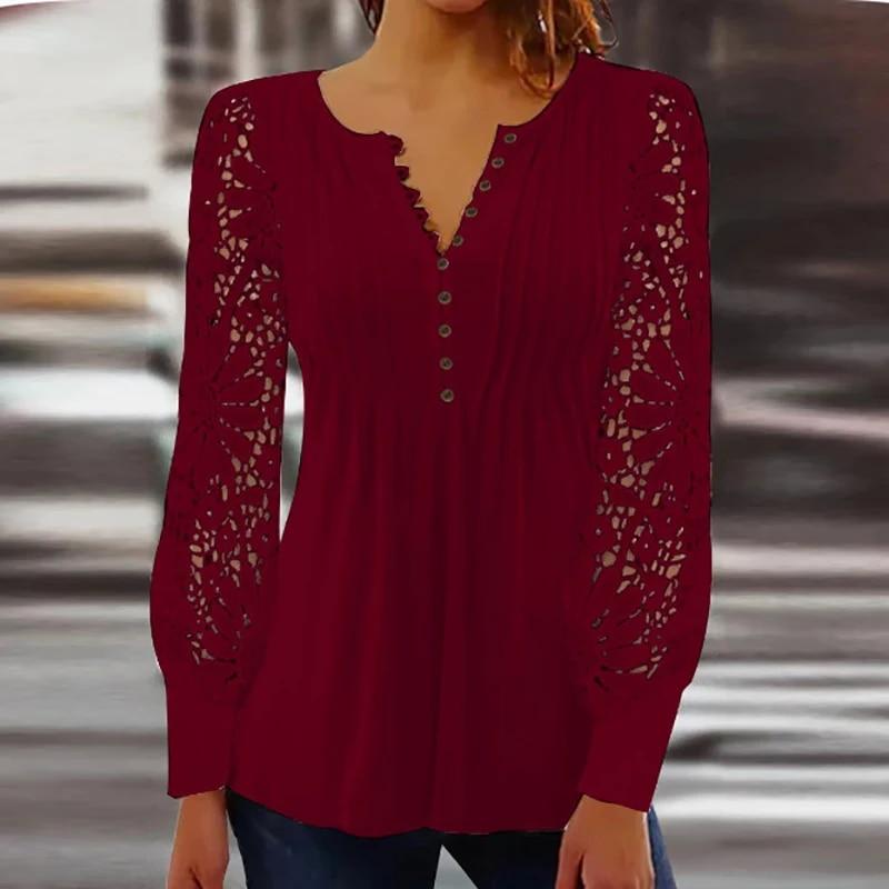 Винтажная кружевная рубашка, женские осенние однотонные топы с длинными рукавами, женские повседневные футболки, модная свободная футболка, сексуальный пуловер 2022