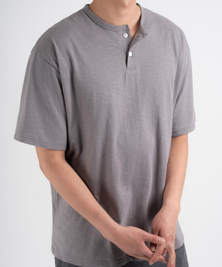 UNDEROFF Oversized Slub Henley Neck Short Sleeve T-Shirt Gray