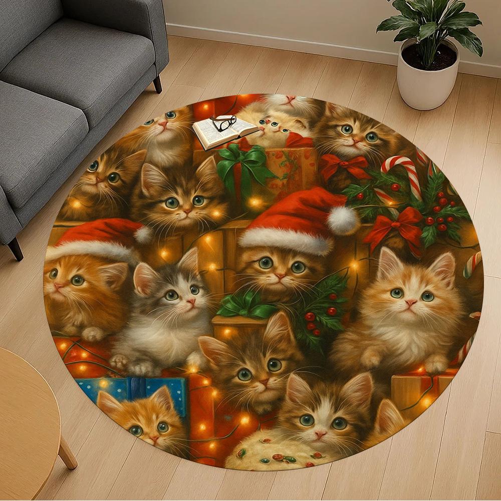 1pc Christmas kittens Round Chair mat Area Rug - Non-Slip, Floor Mat for Office, Bedroom, home decor Christmas Gift p0811379