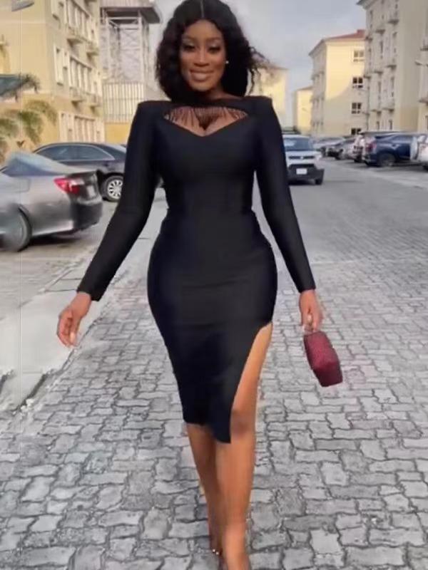 Женское сексуальное облегающее платье-бандаж с бусинами и длинными рукавами с разрезом