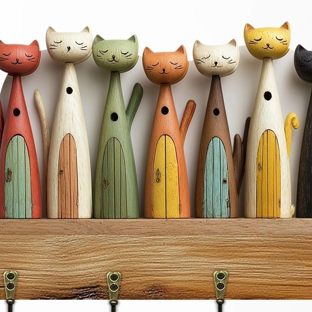 Colorful Cat Pattern Key Hanger Wooden Keychain Holder Useful Wall Key Holder  Porch Decoration